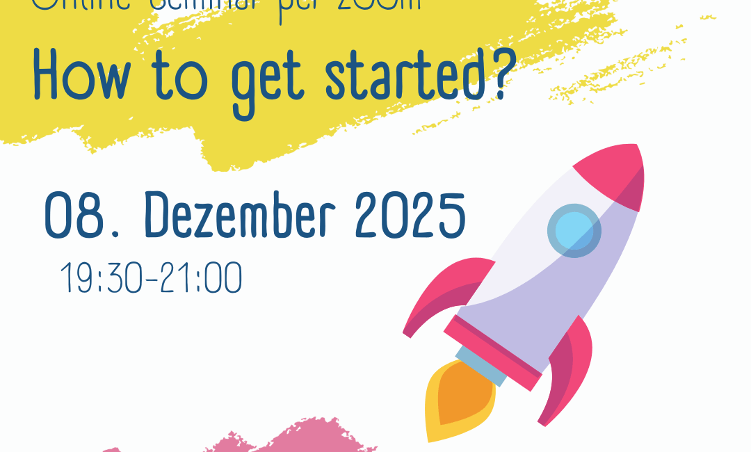 Bunte Grafik für ein Online-Seminar mit dem Titel "Wie fange ich an?", das am 8. Dezember 2025 von 19:30 bis 21:00 Uhr über Zoom abgehalten wird. Enthält eine Raketenillustration und Logos für Kirche Kunterbunt und Wirkstatt evangelisch.