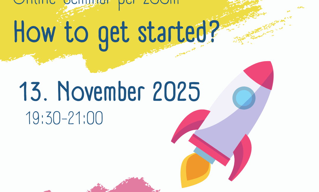 Bunte Werbegrafik für ein Online-Seminar mit dem Titel "Wie fange ich an?", das von der Kirche Kunterbunt am 13. November 2025 von 19:30-21:00 Uhr über Zoom veranstaltet wird. Mit einer Cartoon-Rakete und dem Logo von Wirksatt evangelisch.
