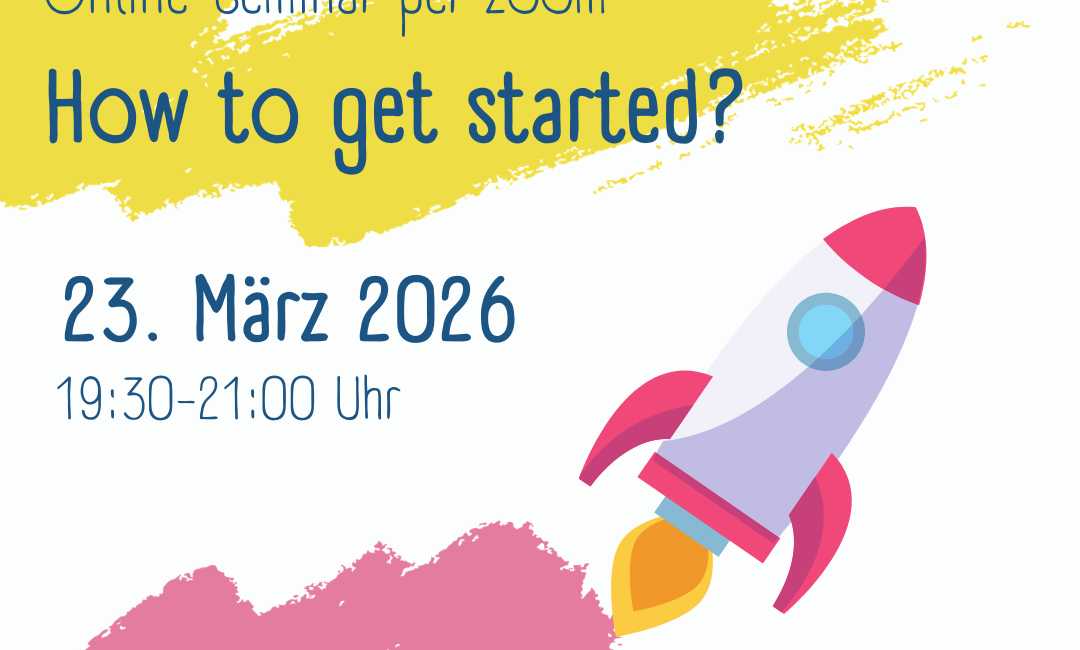 Eine bunte Rakete fliegt mit einem Text über ein Zoom-Online-Seminar "Wie fange ich an?" am 23. März 2026, das von Kirche Kunterbunt, Werkstatt und KEB veranstaltet wird, in die Höhe.