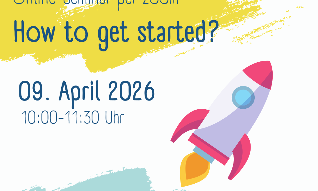 Ein farbenfroher Flyer für ein Zoom-Online-Seminar mit dem Titel Wie fange ich an? am 9. April 2026, mit einer Raketengrafik und Logos von Kirche Kunterbunt, Werkstatt und KEB.