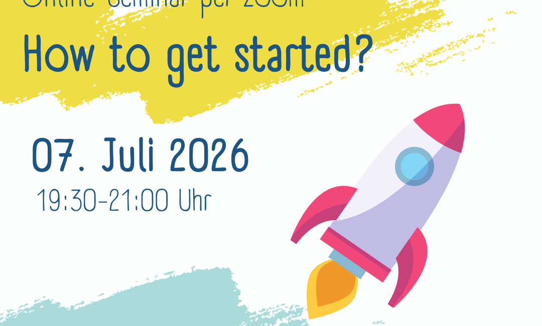 Eine bunte Illustration einer Rakete mit Text: Online-Seminar per Zoom: Wie fängt man an? 07. Juli 2026, 19:30-21:00 Uhr. Logos für Werkstatt evangelisch und KEB erscheinen.