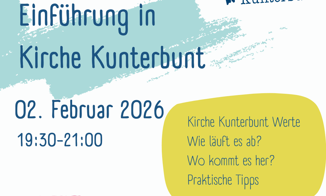 Digitaler Flyer für ein Online-Zoom-Seminar mit dem Titel Einführung in Kirche Kunterbunt am 2. Februar 2026, von 19:30-21:00 Uhr, mit abgebildeten Themen und Logos.