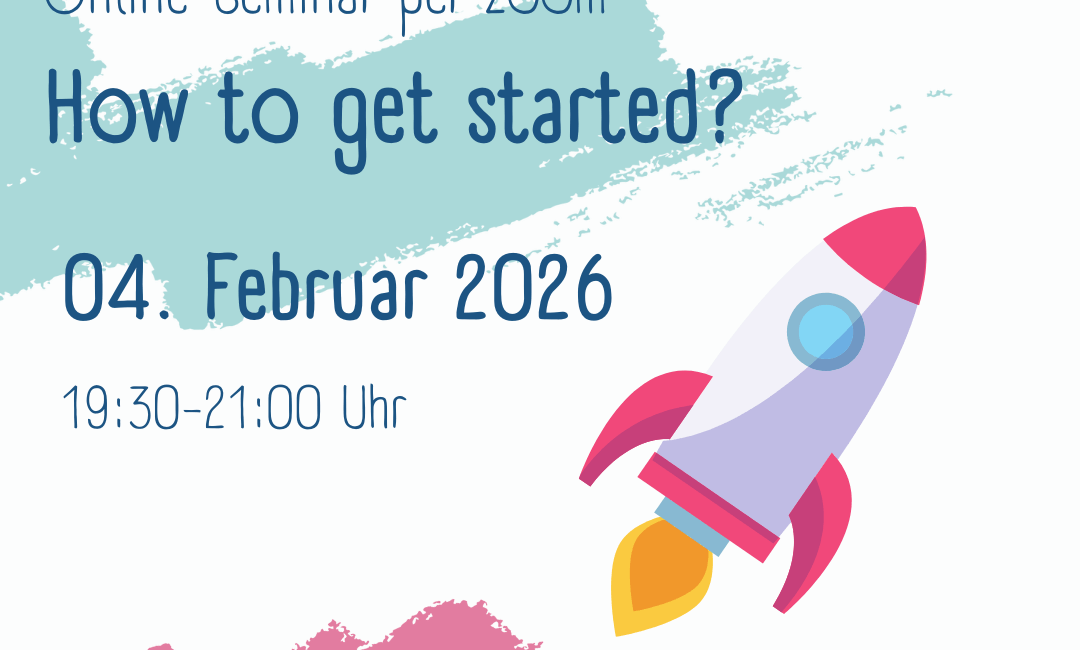 Buntes Plakat für ein Zoom-Online-Seminar "Wie fange ich an?" am 4. Februar 2026, 19:30-21:00 Uhr, mit einer Raketengrafik und Logos von Kirche Kunterbunt und Wirkstatt.