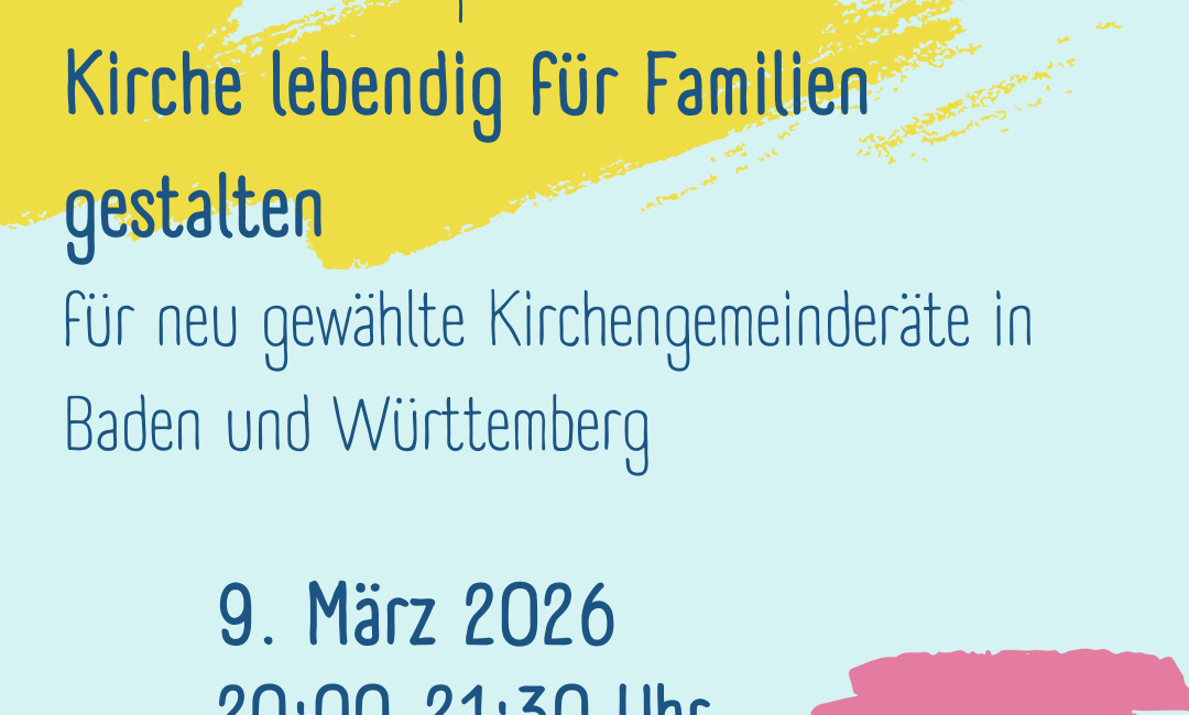 Veranstaltungsflyer in deutscher Sprache mit bunten Formen, der für ein Online-Zoom-Seminar für neu gewählte Kirchenvorstandsmitglieder in Baden-Württemberg am 9. März 2026 wirbt.