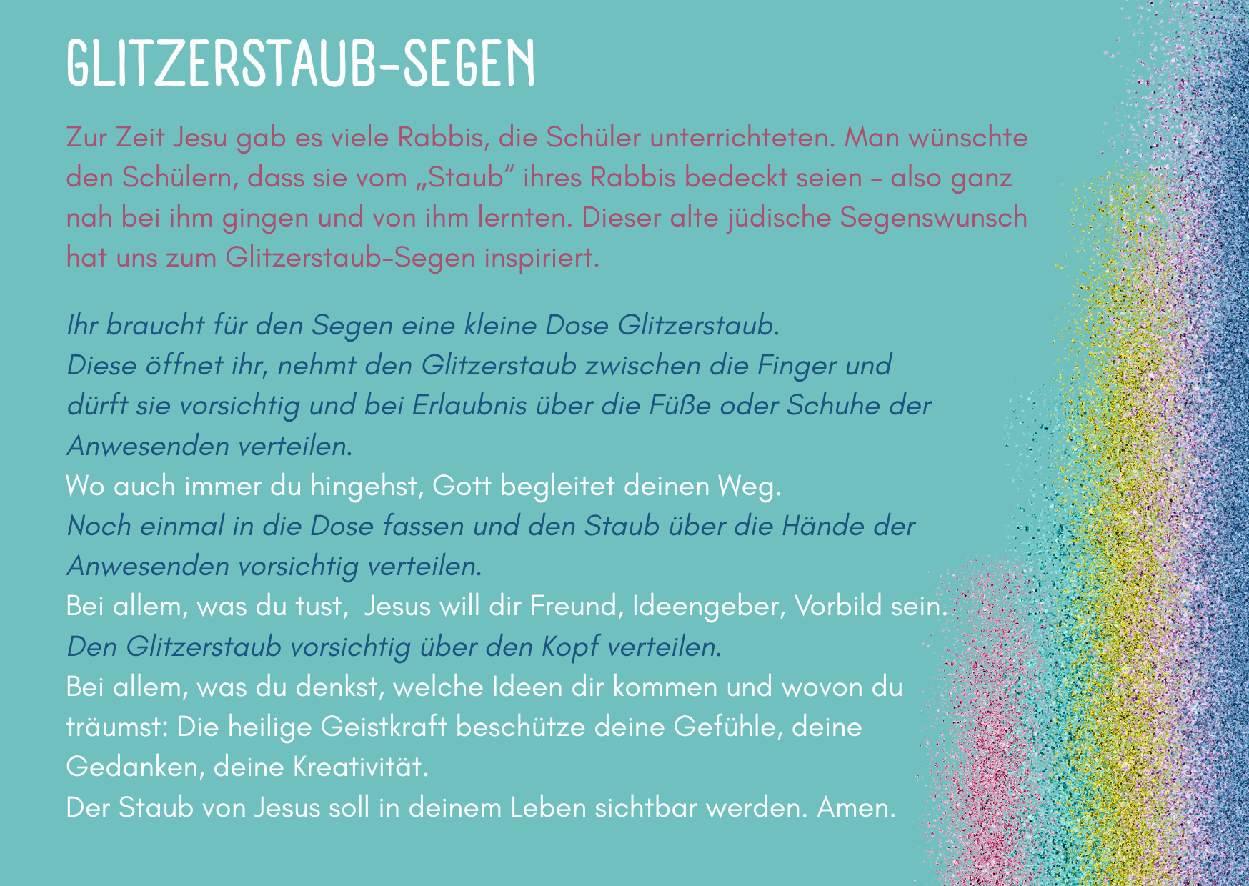 Ein farbenfroher, glitzernder Rand auf der rechten Seite umgibt einen deutschen Text über ein symbolisches Glitzersegensritual mit Anweisungen und einer spirituellen Betrachtung.