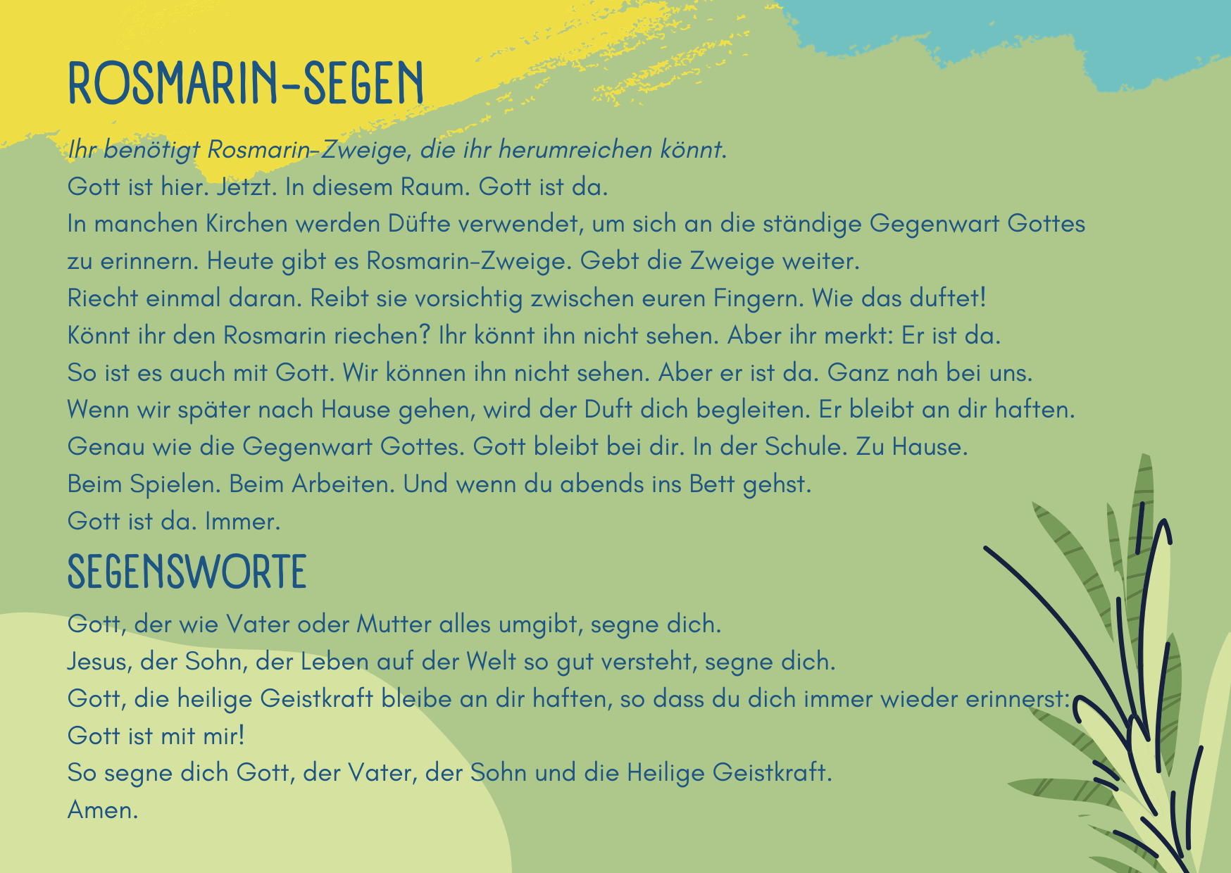 Textbild mit Gebeten Rosmarin-Segen und Segensworte in Deutsch, mit Rosmarin-Illustrationen auf gelbem und blaugrünem Hintergrund.