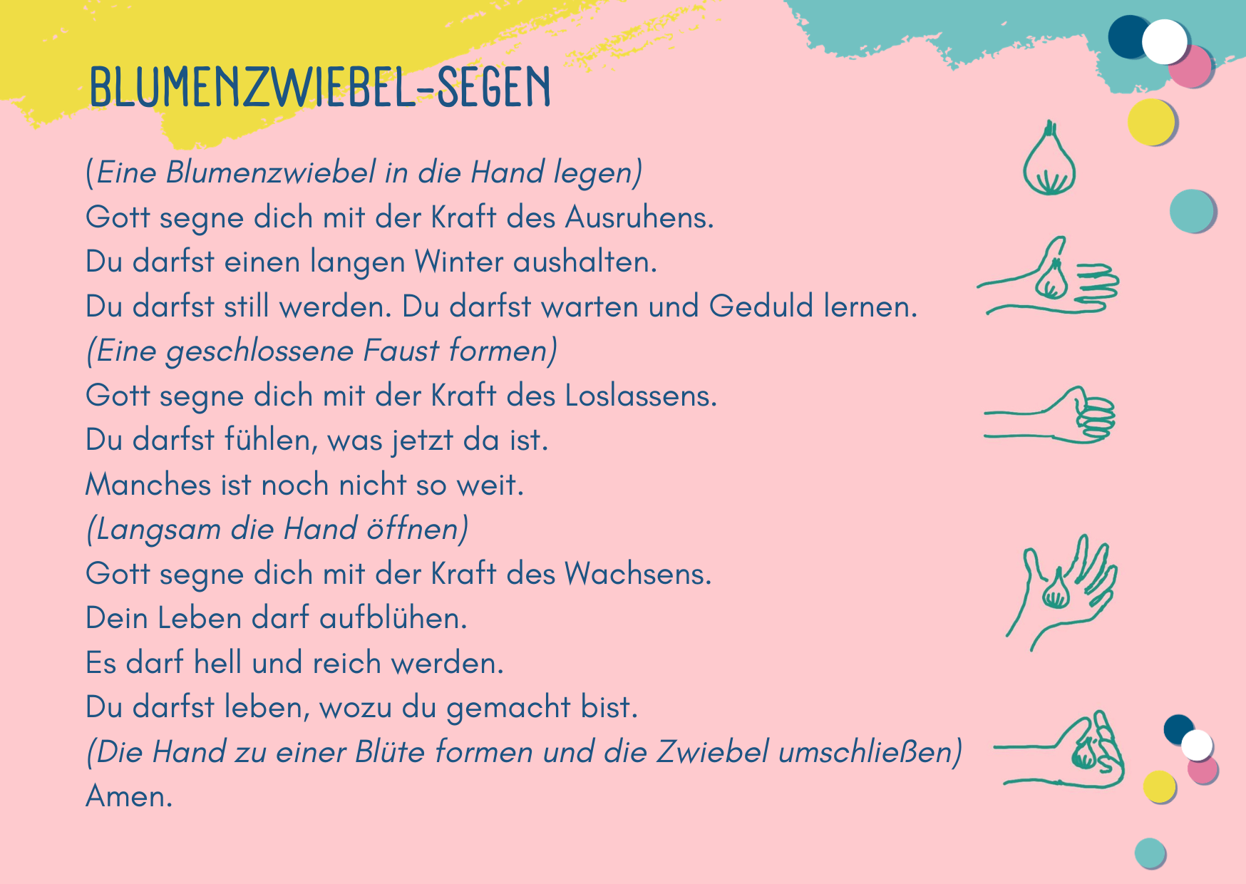 Buntes Anleitungsblatt mit dem Titel BLUMENZWIEBEL-SEGEN mit deutschem Text, handgezeichneten Abbildungen von Händen und dekorativen Punkten und Linien in den Ecken.