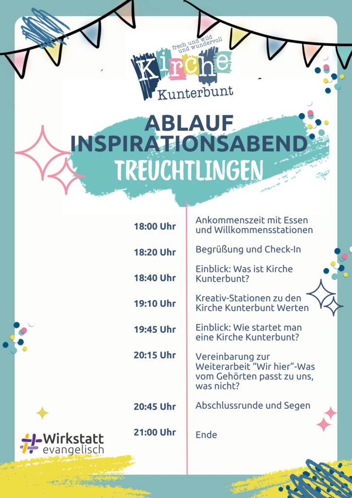Buntes Veranstaltungsplakat für den Inspirationsabend Treuchtlingen mit Zeiten und Aktivitäten, Kirchenlogo, Bannern und Konfetti auf einem pastellfarbenen Hintergrund.