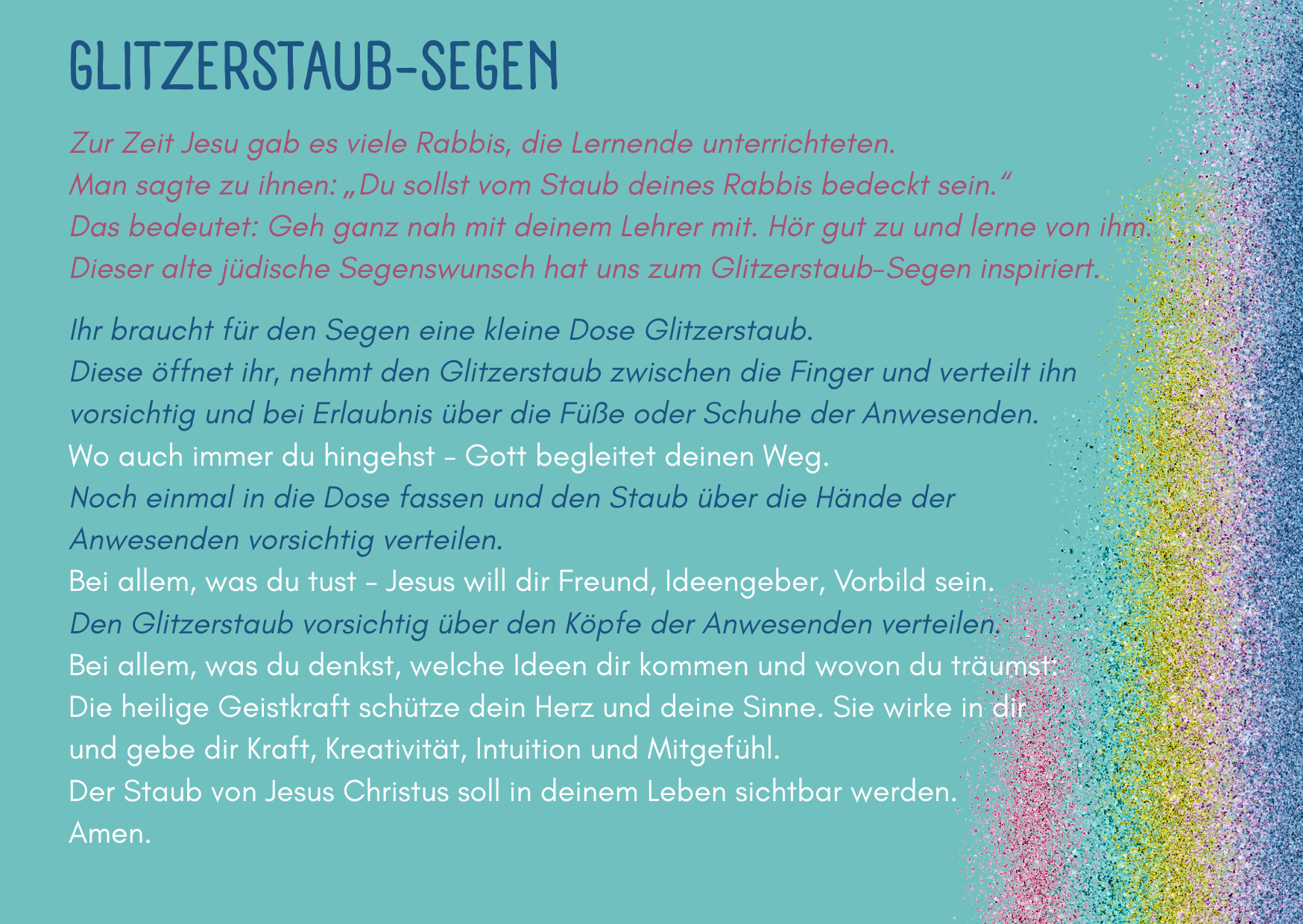 Ein blauer und blaugrüner Hintergrund mit buntem Glitter auf der rechten Seite und einem Alt-Text auf Deutsch, der die Symbolik von Glitter als von Jesus inspirierten Segen erörtert.