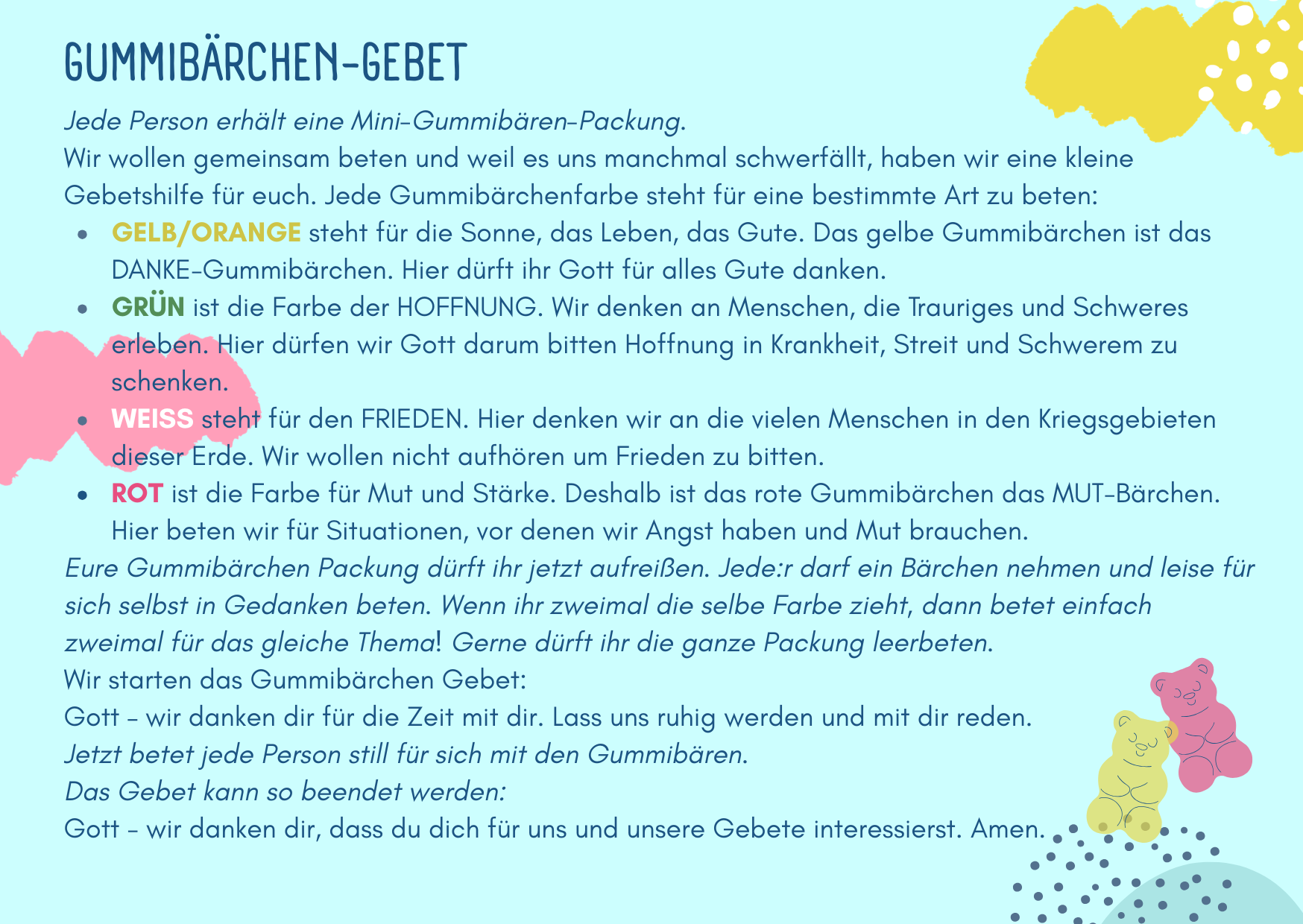 Ein illustrierter deutscher Gebetsführer mit farbigen Gummibärchenbedeutungen, Text auf blauem Hintergrund und Cartoon-Bärenfiguren in der rechten unteren Ecke.