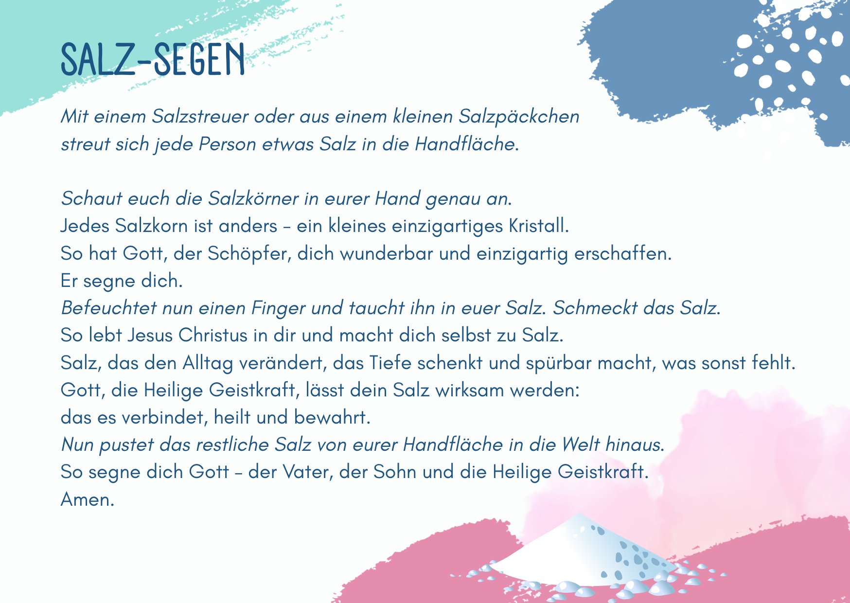 Ein deutscher Text mit dem Titel SALZ-SEGEN mit Anweisungen und einem Gebet über Salz, auf einem Hintergrund mit Aquarellspritzern in Blau- und Rosatönen.