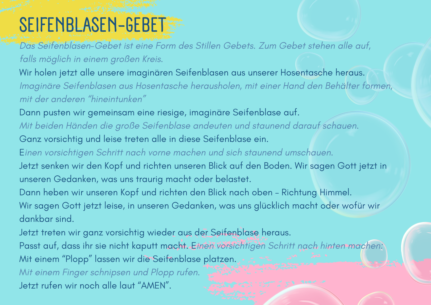 Eine Gebetsanleitung in deutscher Sprache mit Anweisungen für ein Seifenblasengebet, auf pastellblauem Hintergrund mit bunten Seifenblasen und Wellen, die die Ränder verzieren.