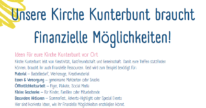 Text in Deutsch mit farbiger Überschrift: Unsere Kirche Kunterbunt braucht finanzielle Möglichkeiten! gefolgt von Ideen zur Finanzierung lokaler kirchlicher Aktivitäten in kleinerem Text.