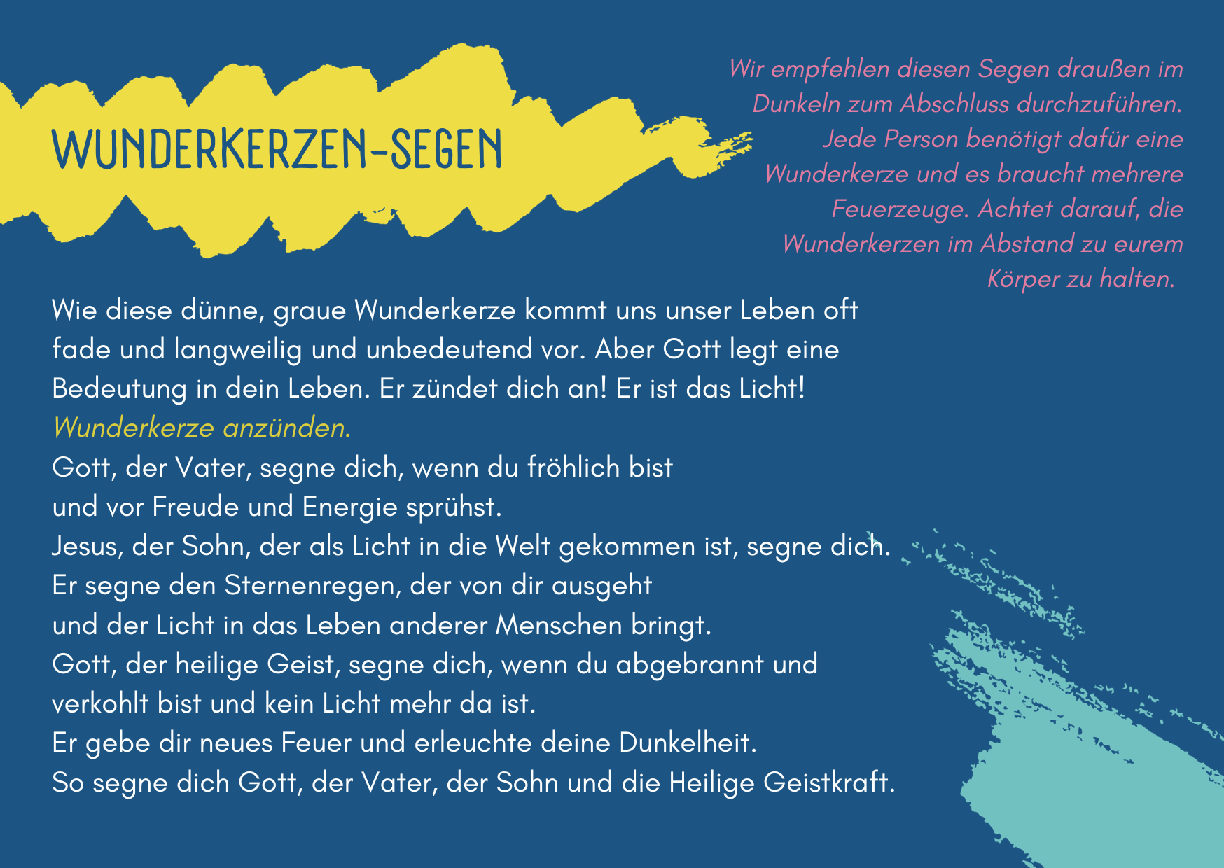 Ein farbenfrohes Flugblatt mit dem Titel Wunderkerzen-Segen, einer Anleitung und einem Text über Wunderkerzen, Glaube und Licht, auf Deutsch, auf blauem Hintergrund.
