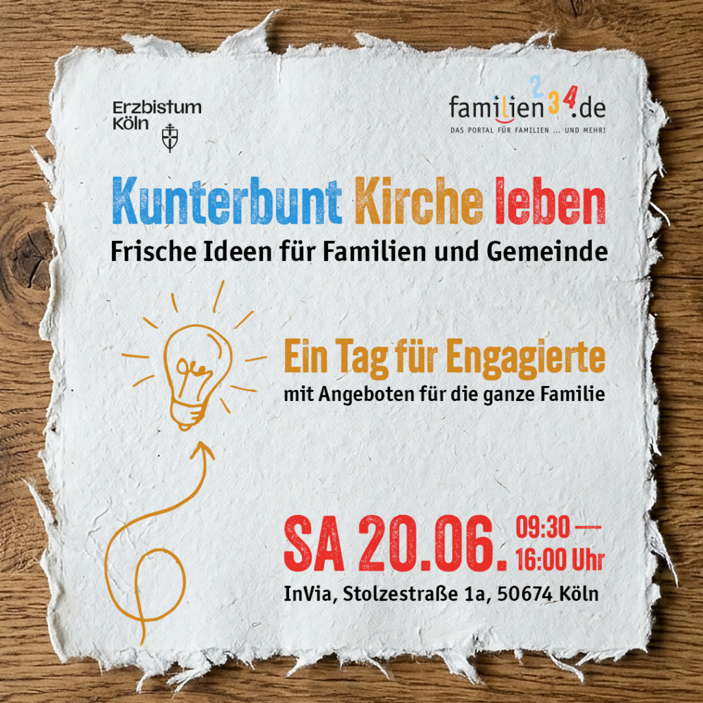 Veranstaltungsflyer auf rustikalem Holzhintergrund: "Kunterbunt Kirche leben"-Familienveranstaltung für engagierte Teilnehmer am Sa. 20.06. von 09:30-16:00 Uhr im InVia, Stolzestraße 1a, Köln.