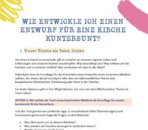 Ein deutschsprachiges Handout für einen kirchlichen Workshop mit blauem Kopfbereich, gelben Hervorhebungen und einer Schritt-für-Schritt-Anleitung zur Entwicklung eines Themas im Team.